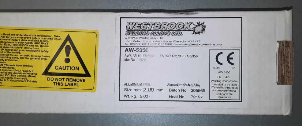 Пруток алюмінієвий 5356 2,0х1000 мм вартість за кг (WESTBROOK WELDING ALLOYS)